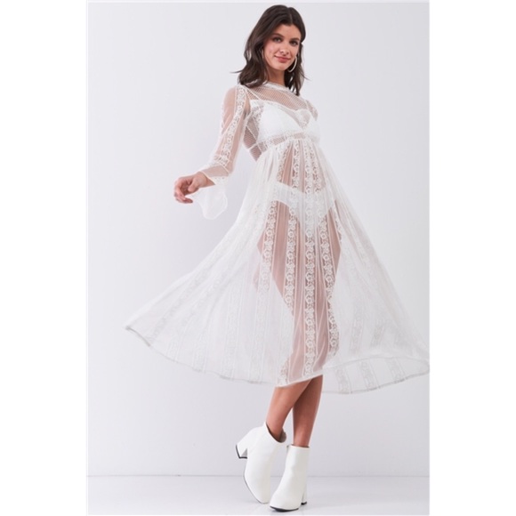 Boho Vintage Sheer Lace Midi Dress Flare Sleeves - Picture 2 of 8